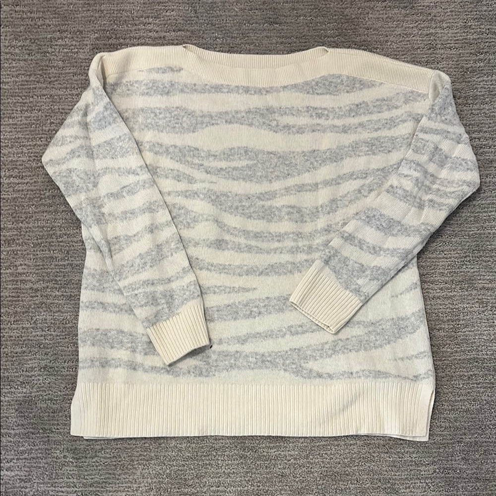 LOFT Cream and Gray Crew Neck Sweater with Stripes